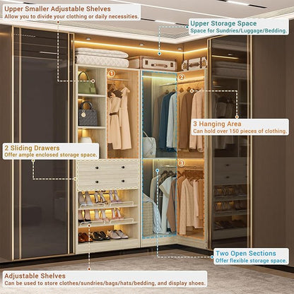 Closet System with 2 Drawers, 3 Hanging Rods, 59.5" * 31.5" Closet Organizer System with Corner Tower, Reversible L Shaped Walk-in Closet System, Corner Closet System Set of 2, Greige Oak