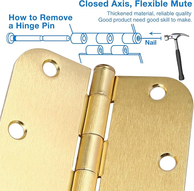 Door Hinges Satin Brass 3.5 Inch x 3.5" Interior Gold Door Hinges for Doors 12 Pack Brushed Brass Door Hinges 3-1/2" Rounded 5/8"Radius Corners Bedroom Residential Standard Indoor Door Hardware Hinge