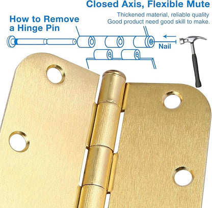 Door Hinges Satin Brass 3.5 Inch x 3.5" Interior Gold Door Hinges for Doors 12 Pack Brushed Brass Door Hinges 3-1/2" Rounded 5/8"Radius Corners Bedroom Residential Standard Indoor Door Hardware Hinge