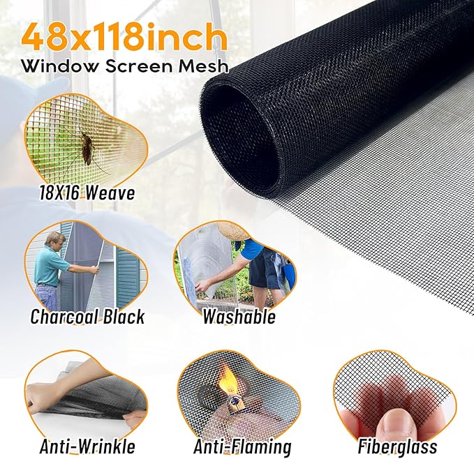 King&Charles Window Screen Door Mesh, Window Screen Replacement/Repair Kit, 48”x118” Fiberglass Black Mesh, Durable&Visibility & Cuttable & Washble, Easy to Replace/Install/DIY