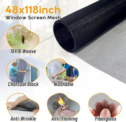 King&Charles Window Screen Door Mesh, Window Screen Replacement/Repair Kit, 48”x118” Fiberglass Black Mesh, Durable&Visibility & Cuttable & Washble, Easy to Replace/Install/DIY