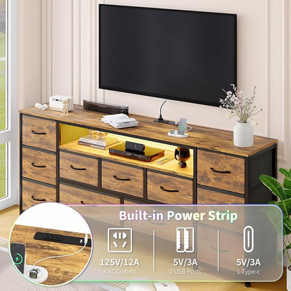 11 Drawer Dresser for with Power Outlets and LED Lights, 63 Inch TV Stand for 65, 70 Inch TV, Entertainment Center with Storage, Wide Chest of Drawers with Open Shelves for Living Room, Bedroom