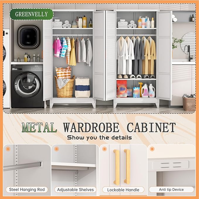 Bonusall 71" Metal Wardrobe,Steel Wardrobe Closet with Hanging Rod & Adjustable Shelves,Metal Storage Cabinet with 2 Doors, Decorative Metal Closet with Handles for Bedroom,Home Office Entryway