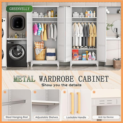 Bonusall 71" Metal Wardrobe,Steel Wardrobe Closet with Hanging Rod & Adjustable Shelves,Metal Storage Cabinet with 2 Doors, Decorative Metal Closet with Handles for Bedroom,Home Office Entryway