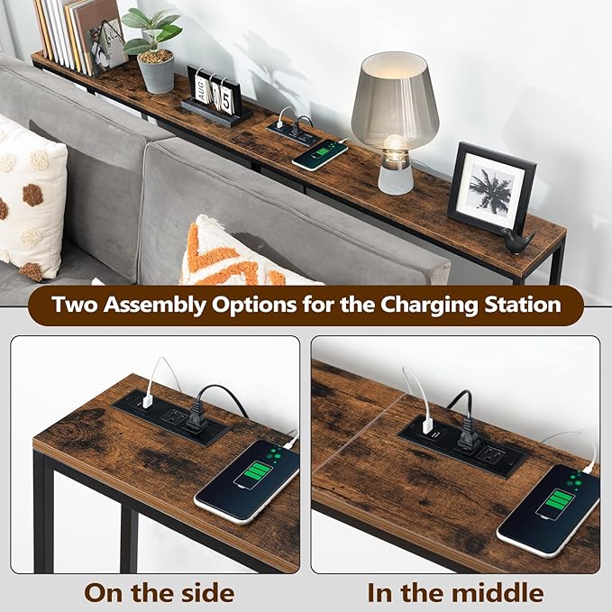70.9'' Console Table with Power Outlet, Narrow Sofa Table with Charging Station, Skinny Behind Couch Table for Entryway, Hallway, Foyer, Living Room, Rustic Brown CTHR18E01Z1