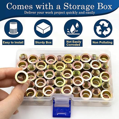 3/8''-16 UNC Rivet Nut, 50Pcs Zinc Plated Finish Carbon Steel Flat Head Threaded Insert Nutsert Kit