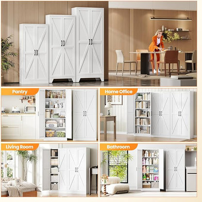 Metal White Storage Cabinet with 2 Doors and 4 Adjustable Shelve, 61" Tall Kitchen Pantry cabinets, Farmhouse Food Pantry Cabinet,5 Tier Freestanding Barn Door Cupboard for Kitchen Dining/Living Room