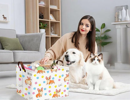 Medium Dog Toy Storage Basket Collapsible Pet Bin Box with Handles Large Puppy Box Stuff Organizer Living Room Decor(Color Paw)