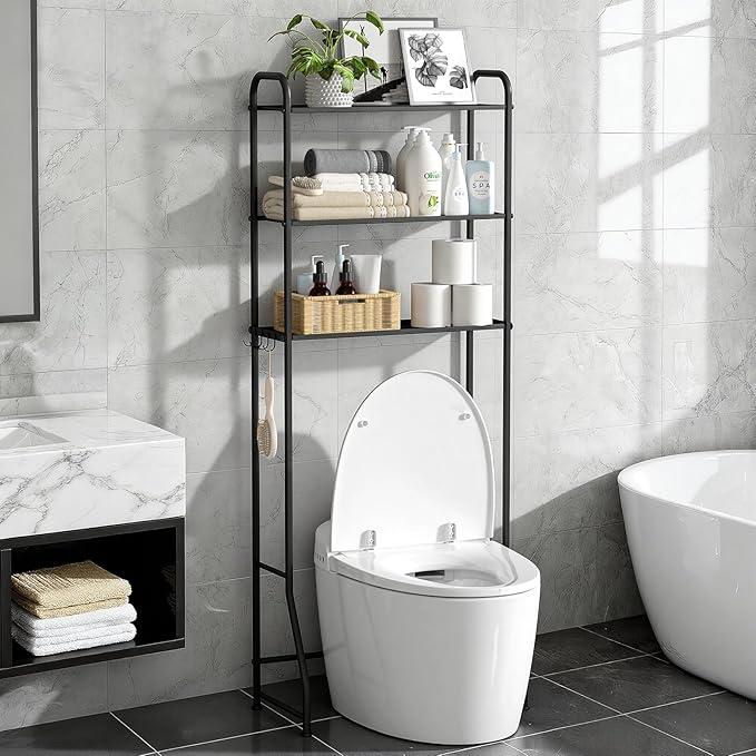 3 Tier Over The Toilet Storage Rack, Bathroom Organizer Shelf Over Toilet with 4 Hook, Space Save Freestanding Metal Bathroom Shelves