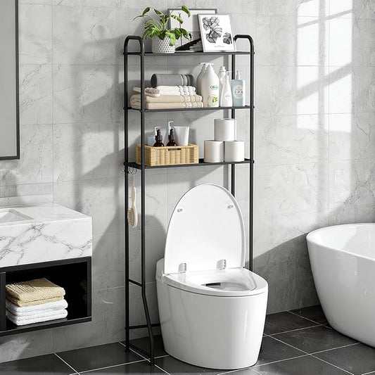 3 Tier Over The Toilet Storage Rack, Bathroom Organizer Shelf Over Toilet with 4 Hook, Space Save Freestanding Metal Bathroom Shelves