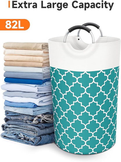 Large Laundry Basket Laundry Hamper Bag Washing Bin Clothes Bag Collapsible Tall with Handles Waterproof Travel Bathroom College Essentials Storage for College Dorm, Family (Green) 82L
