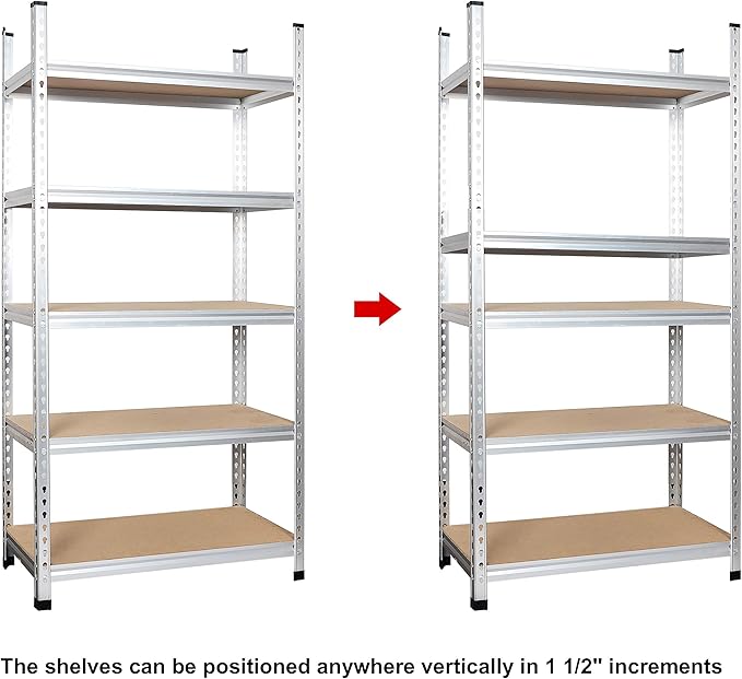 Amazon Basics 5-Tier Medium Duty Garage Shelving Unit, Sturdy Adjustable Storage Shelves, Easy to Assemble, 48" x 18" x 72", Aluminum