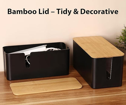 ZhiYo Bamboo Lid Cord Organizer Box, Safe ABS Cable Management Box for TV and Computer, Wood Cover Cord Hider to Hide Wires, Router, USB Hub & Under Desk Power Strip, 1 Pack L13.1 xW5.6 xH5.6 Black