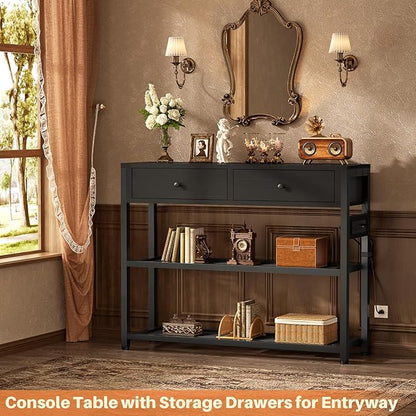 Ecoprsio Entryway Table with Outlets and USB Ports, Console Table with 2 Drawers, Small Sofa Table with Storage Shelves for Living Room, Couch, Hallway, Foyer, Kitchen Counter, 32'', Black
