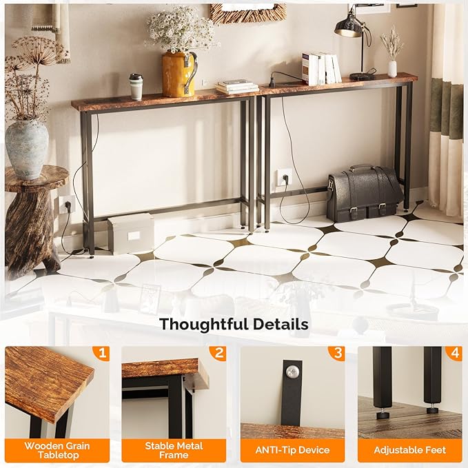 VINGLI 79" Console Table with Charging Station, 5.9" Narrow Sofa Table Set of 2, Entryway Table with Power Outlet & 4.9 Ft Extension Cord & Adjustable Feet, for Living Room, Hallway, Rustic Brown