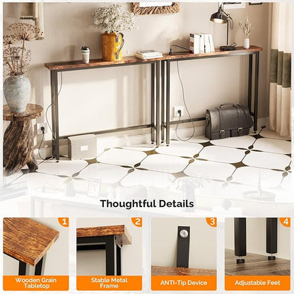 VINGLI 79" Console Table with Charging Station, 5.9" Narrow Sofa Table Set of 2, Entryway Table with Power Outlet & 4.9 Ft Extension Cord & Adjustable Feet, for Living Room, Hallway, Rustic Brown