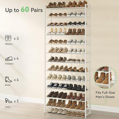 Shoe Rack for Closet, Metal Shoe Organizer,12 Tier Garage Shoe Rack Max Holds 60 Pairs,Shoe Storage Shelf,Entryway, White