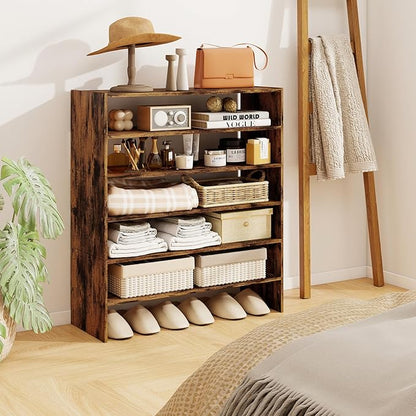 COSTWAY 6-Tier Shoe Rack, Extra Wide Shoe Shelf Organizer with Stackable Design, 31" Freestanding Adjustable Storage Shoe Stand for Small Space Entryway Hallway Closet (2,Rustic Brown)