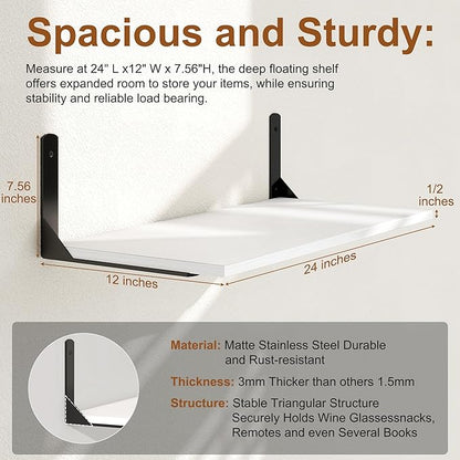 Fun Memories Deep Floating Shelves for Wall, 12 Inch Deep White Wall Shelf, 24 Inch Long Floating Shelves with Bracket Set of 2, Rustic Deep Storage Shelf for Bedroom, Living Room, Kitchen