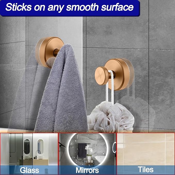 Suction Cup Hooks for Shower, Removable Towel Hooks for Bathroom Window Glass Door Wall, Bath Robe Looafh Wreath Hook for Hanging - 4 Pack, Champagne Bronze