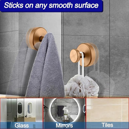 Suction Cup Hooks for Shower, Removable Towel Hooks for Bathroom Window Glass Door Wall, Bath Robe Looafh Wreath Hook for Hanging - 4 Pack, Champagne Bronze