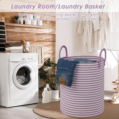 Large Laundry Basket,Laundry Hamper,15''x18'' Cotton Rope Storage Basket with Handles,baby hamper, Nursery Blanket Storage Living Room,toy basket,kids laundry,home decor (white+purple)