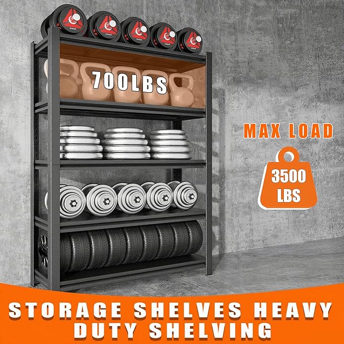 Garage Storage Shelves Heavy Duty 3500 LBS Capacity Metal Garage Shelving, Adjustable 5 Tier Steel Industrial Shelving Units for Utility Room, Warehouse and Basement, Black
