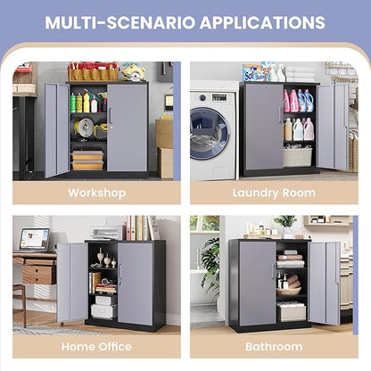 Metal Tool Storage Cabinet with Doors and Adjustable Shelves,Lockable Steel Cabinet for Garage,Home,Office and School Assembly Required(Grey)