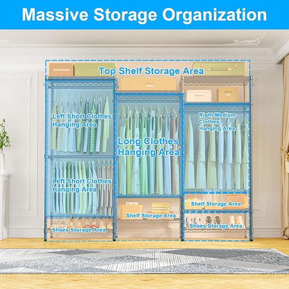 Ulif E13 Heavy Duty Clothes Rack（With 4 Hanger Rods & 8 Shelves） Freestanding Clothing Racks for Hanging Clothes，Adjustable Closet Organizer，Metal Garment Rack 63" W x16 D x77 H，Max Load 900LBS，Grey