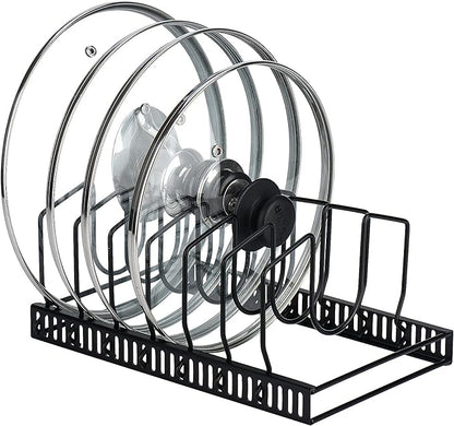 Toplife Pot Lids Organizer Rack for Cabinet and Countertop, 7+ Pan Lids and Bakeware Organizer Rack Holder with 7 Adjustable Compartments - Black