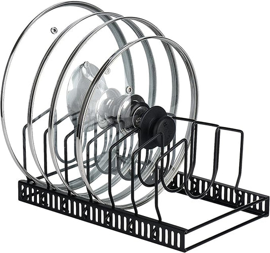 Toplife Pot Lids Organizer Rack for Cabinet and Countertop, 7+ Pan Lids and Bakeware Organizer Rack Holder with 7 Adjustable Compartments - Black