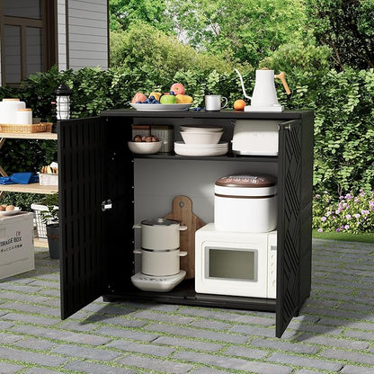 HOMSPARK Indoor/Outdoor Storage Cabinet with Doors, 34”x15”x34” HDPE Plastic Storage Box for Bedroom, Bathroom, Living Room, Balcony, Multi-Purpose for Daily Tools, Black
