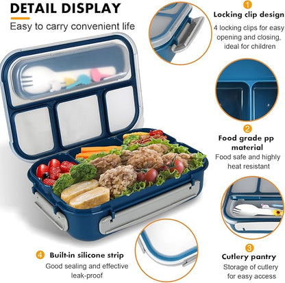 Bento Box, Lunch Box Kids, 1300ML Adult with 4 Compartment &Food Picks &Cake Cups, Containers for Adults/Kids/Toddler, Leak-Proof, Microwave/Dishwasher/Freezer Safe(Blue)