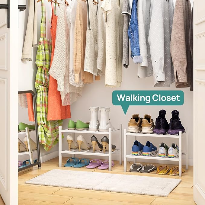 White Small Shoe Rack for Entryway,2-Tier Bamboo Shoe Organizer for Hallway Closet, Free Standing Shoe Racks for Indoor Outdoor
