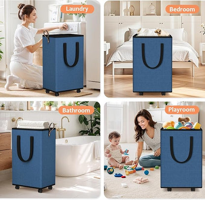 Laundry Basket with Wheels, Collapsible Laundry Baskets, Laundry Hamper with Handles Detachable Wheels, Rolling Laundry Basket, Dirty Clothes Hamper for Bathroom, Dorm, Bedroom, Navy, 100L