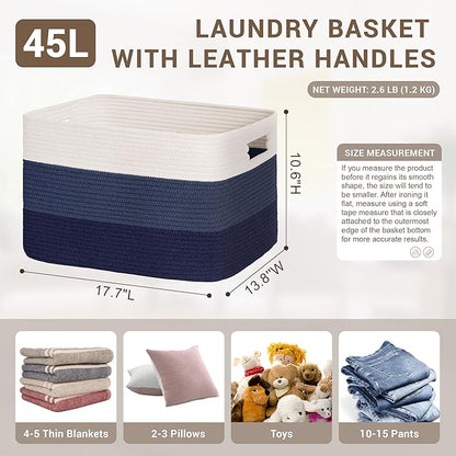 45L Small Laundry Basket with Leather Handles for Living Room Storage, Woven Rope Baskets Bin for Blanket, Kids Toy, Gifts, Wicker Hamper for Bedroom Dirty Clothes, 18"x14"x11" Gradient Blue