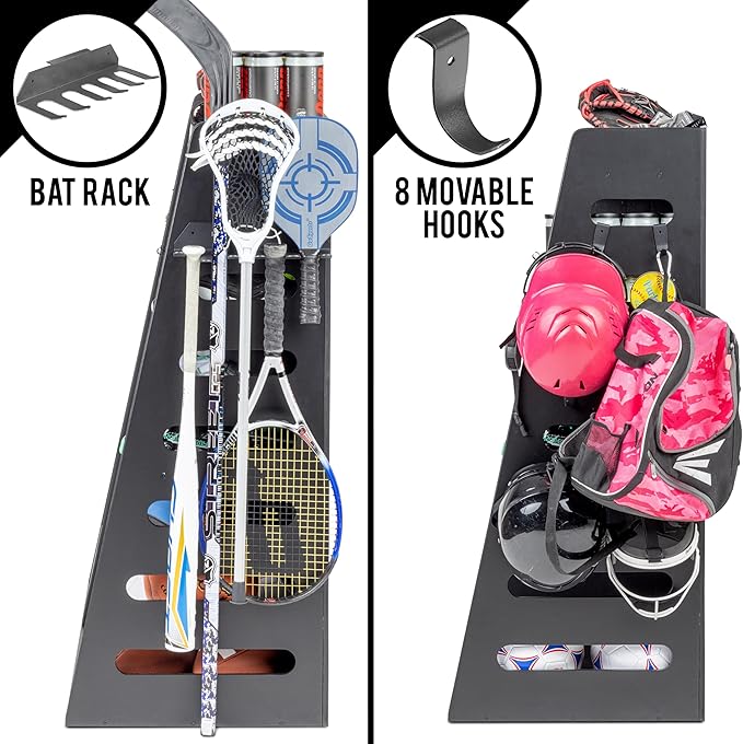 GoSports Premium Wooden Sports Equipment Organizer with Storage Hooks - Golf Bag Rack and Multi-Sport Ball Bin for Garage