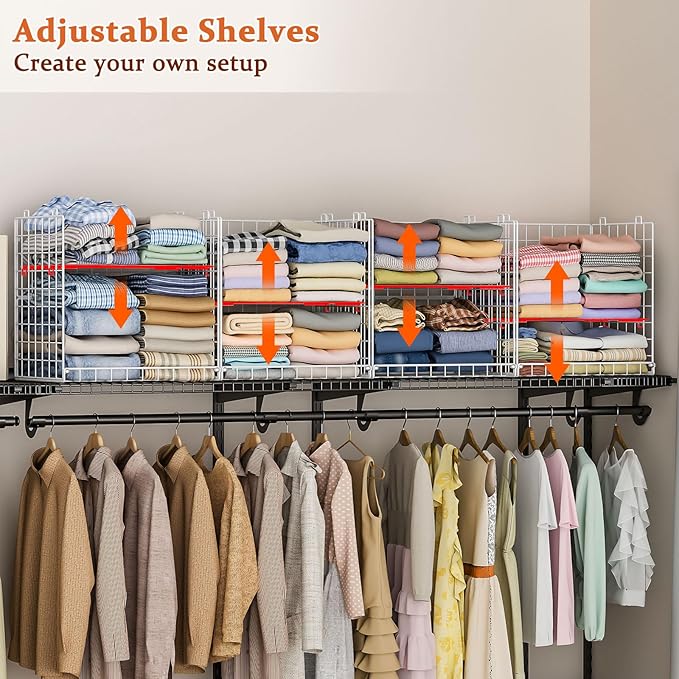 8-Tier Stackable Closet Organizers, Foldable Wardrobe Basket, Metal Closet Organizer and Closet ShelvesWhite