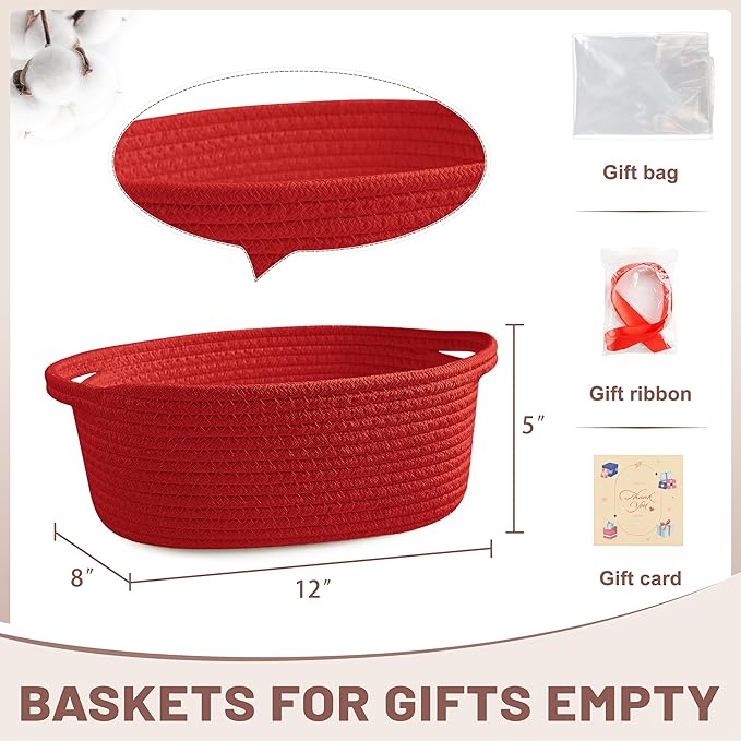 Small Woven Red Gifts Basket for Storage Empty with Ribbons and Bags Durable Cute Gifts 12"X 8" X 5" Small Rope Basket for Gifting
