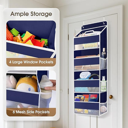 2 Pack Over The Door Organizer, Hanging Storage Organizer with Clear Window, 40lb Ultra Sturdy Large Capacity Room Organizer for Pantry Laundry Bathroom Nursery Closet (Blue)
