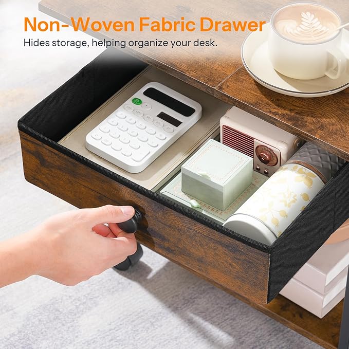 HOOBRO Printer Stand with Charging Station, 2-Tier Printer Cart, Under Desk Printer Table with Power Outlet, Wheeled Printer Table with Fabric Drawer, for Home Office, Rustic Brown and Black BF56UPS01