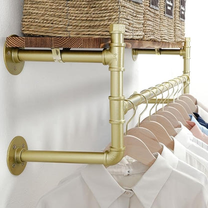 WEBI Wall Mounted Clothes Rack with Shelf,41.3" Industrial Pipe Clothing Rack with Shelf with Hanging Rod,Heavy Duty Iron Garment Rack Bar,Retail Display Clothes Rod for Laundry Room,Closet,Gold