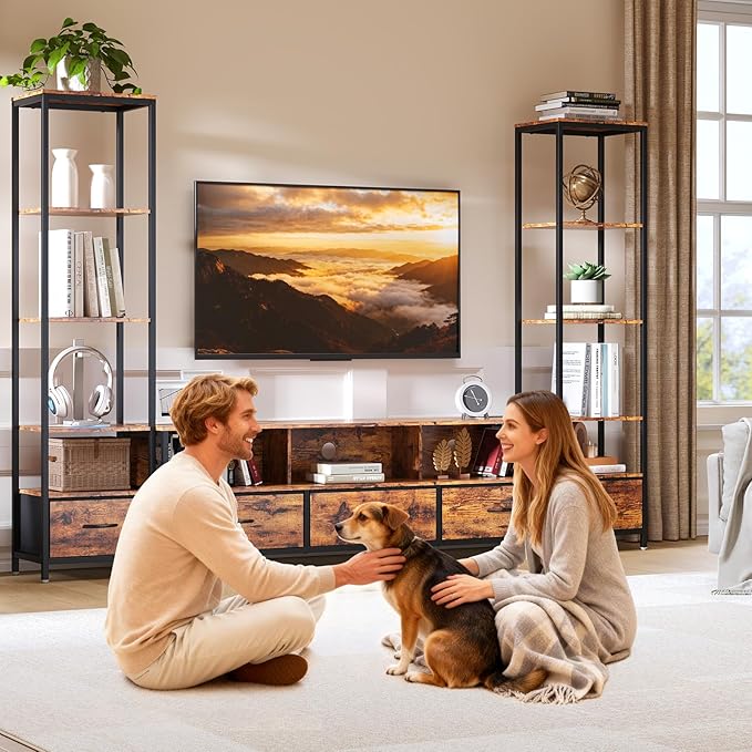 GarveeHome Entertainment Center, with 5 Fabric Drawer & 2 Bookshelf, TV Console Table with Shelf, LED & Power Outlets, for Home Office