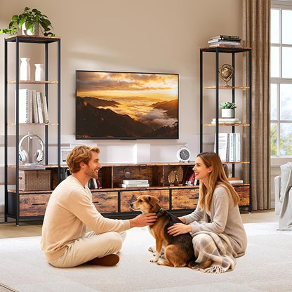 GarveeHome Entertainment Center, with 5 Fabric Drawer & 2 Bookshelf, TV Console Table with Shelf, LED & Power Outlets, for Home Office