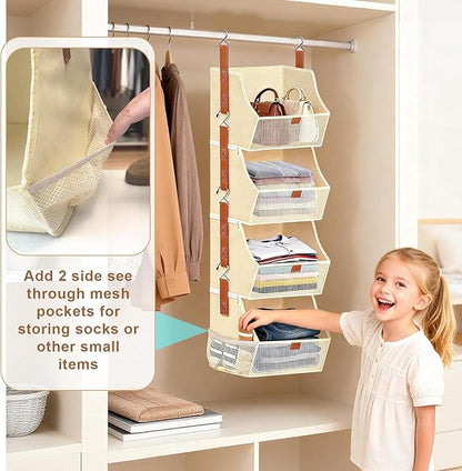 Fabric 4 Tier Hanging Closet Organizer Heavy Duty Beige Shelf Hanging Storage Towel Clothes Sweater Jeans Bag Organizer For Closet For Bedroom, Dorm, RV, See Through Front Panel, Space-Saving