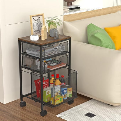 Rolling File Cart with 3 Storage Drawers, Wood & Mesh Hanging File Folder Organizer with Wheels Under Desk, File Cabinets for Home Office, 11.81" D x 14.8" W x 25.39" H, Black