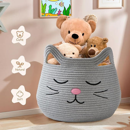 OMERAI Animal Baskets Cotton Rope Storage Basket Woven Toy Basket Large Basket for Blankets Cute Cat Toy Box with Handles Foldable Animal Laundry Basket Nursery Organizer, 15"D x 12.6"H