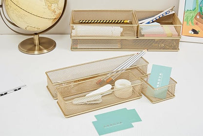 Annova Stackable Mesh Drawer Cabinet and Shelf Organizer Bins Storage Basket School Office Supply Holder Tray- Set of 2 (Gold, 3x3x2 Inch)