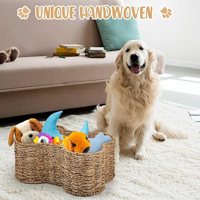Maxcheck 2 Pcs Dog Toy Basket Bone Shaped Dog Toy Box Bin Handmade Wicker Bone Shaped Basket for Pet Storage Organizer, 2 Sizes 16. 1 x 12. 2 x 7. 1 Inch, 14. 2 x 10. 2 x 6. 3 Inch