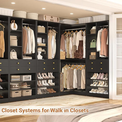 Closet System with 2 Drawers, 3 Hanging Rods, 59.5" * 31.5" Closet Organizer System with Corner Tower, Reversible L Shaped Walk-in Closet System, Corner Closet System Set of 2, Black